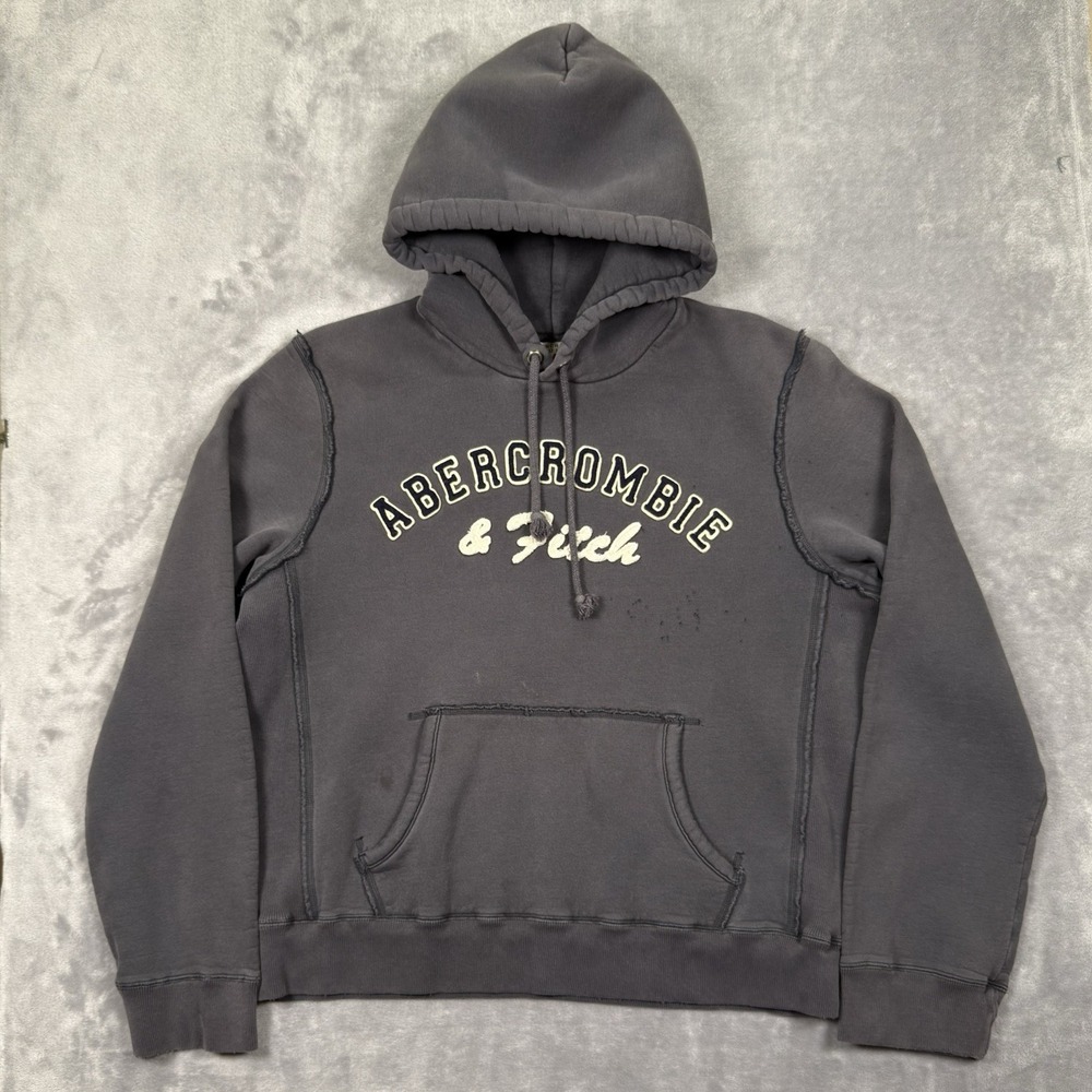 Abercrombie Fitch Hoodie Mens XL Gray Spell Out Heavyweight Grunge Thrashed Y2K